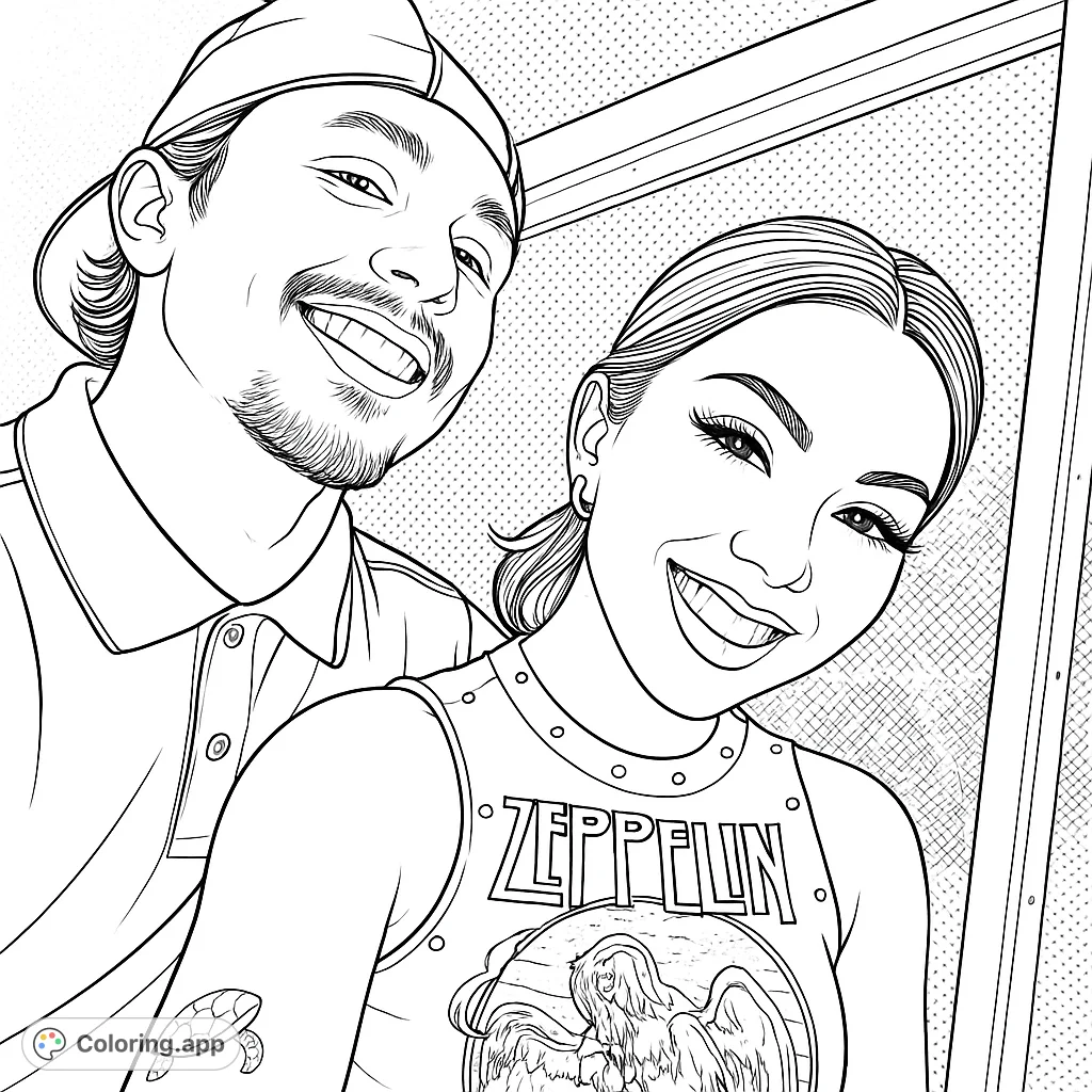 A vibrant, free printable couple selfie coloring page featuring a smiling man and woman, perfect for personalizing with your favorite colors.