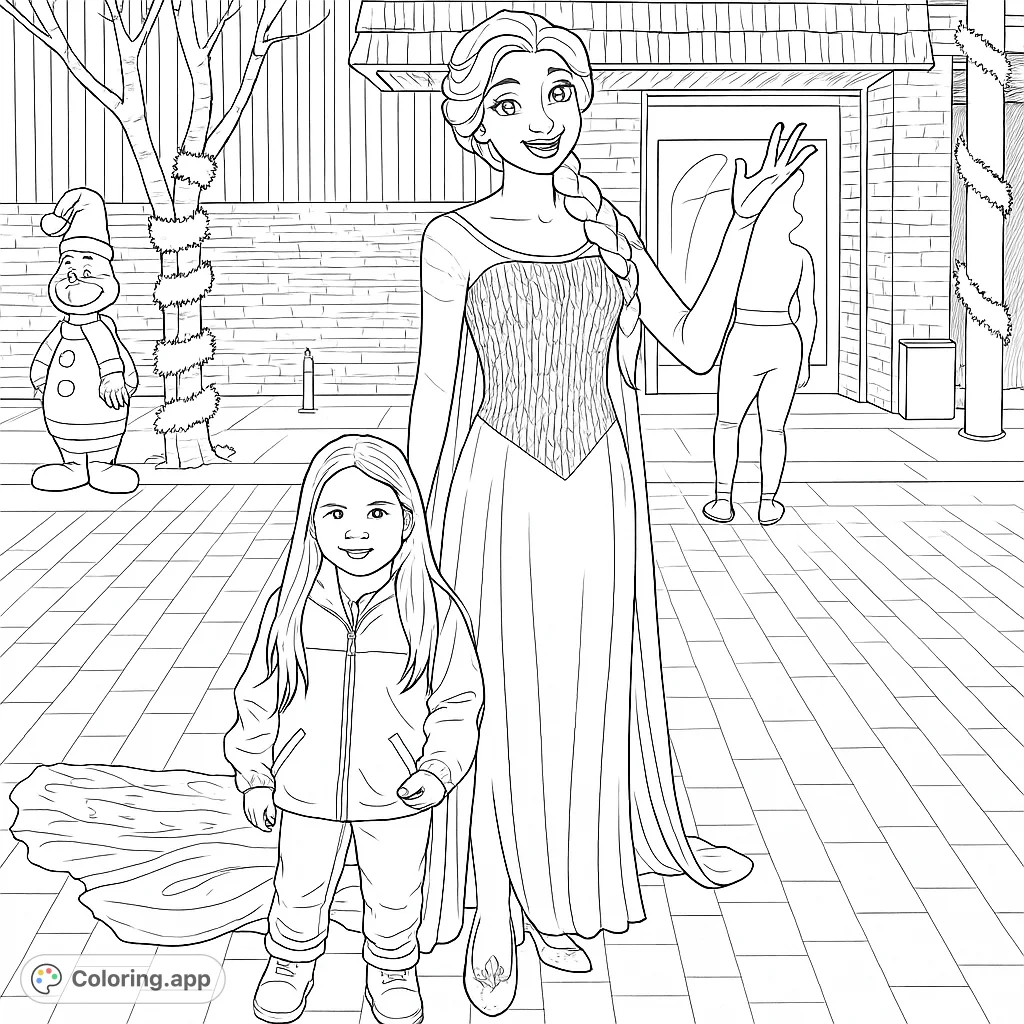 A magical winter princess and a happy child stand together in a festive outdoor scene, perfect for holiday coloring fun.