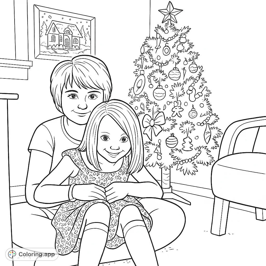 A heartwarming Christmas scene featuring two smiling children by a beautifully decorated tree, perfect for festive holiday coloring fun.