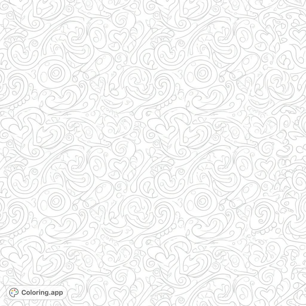 Explore an intricate seamless pattern of swirling organic shapes, hearts, and delicate curls, offering endless creative coloring possibilities.