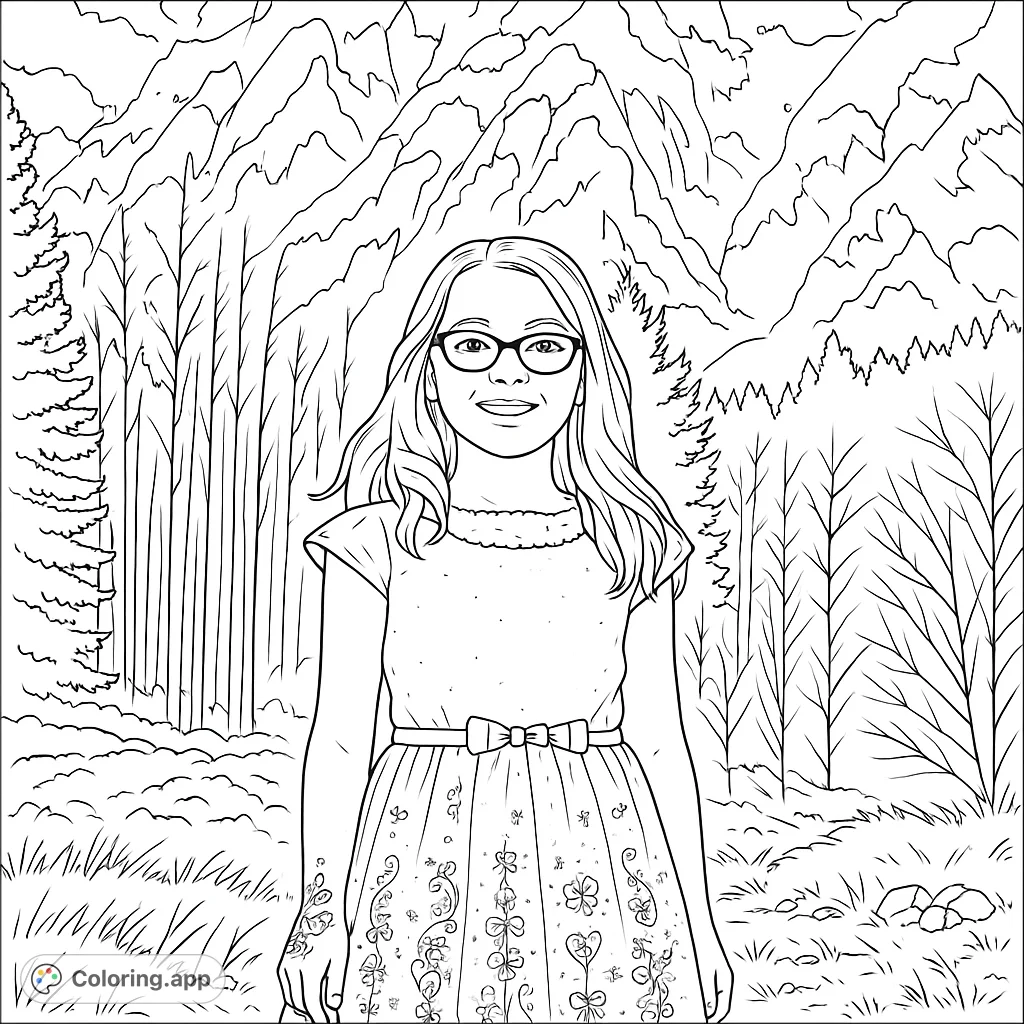 A charming nature girl coloring page featuring a smiling girl in a patterned dress against a backdrop of majestic mountains and a dense forest. Free printable.