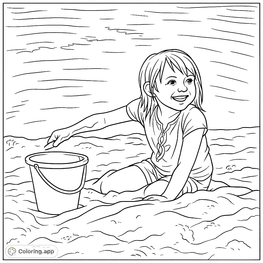 A joyful child plays in the sand with a bucket, perfect for a sunny beach day coloring adventure. Free printable fun for kids and adults!