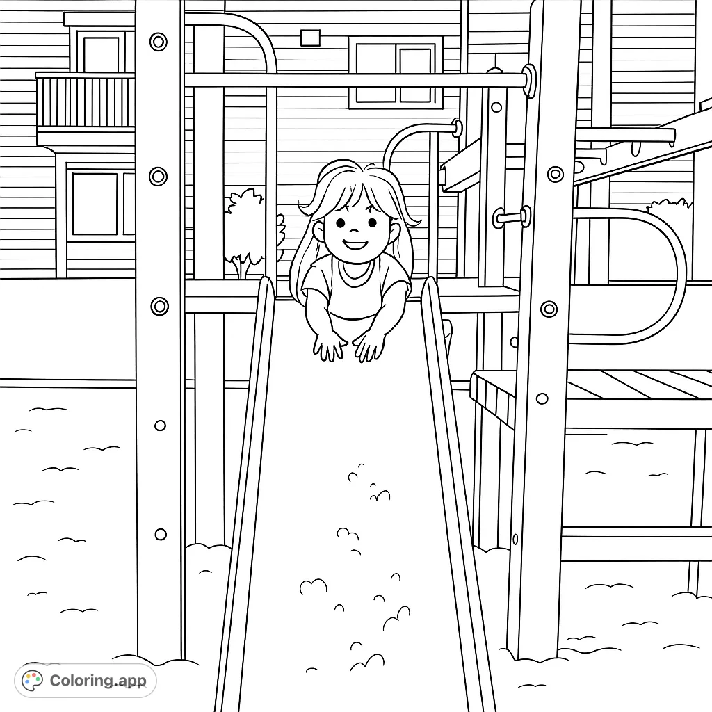 A happy child enjoys a playground slide, surrounded by a detailed play structure and a cozy house. Perfect for a fun, free printable coloring page.