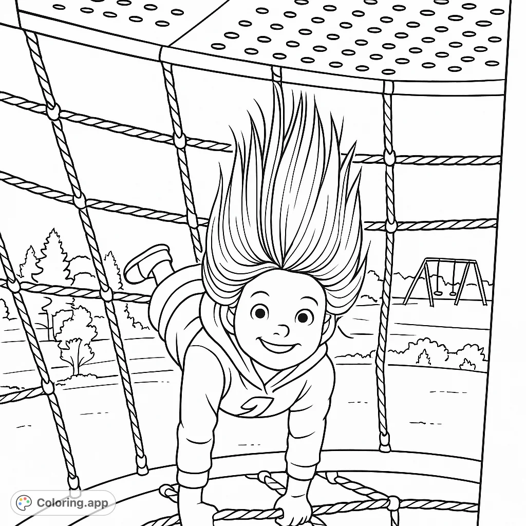A joyful child climbs an intricate rope net, hair flowing upwards, with a park and swing set in the background. A fun, free printable playground coloring page.
