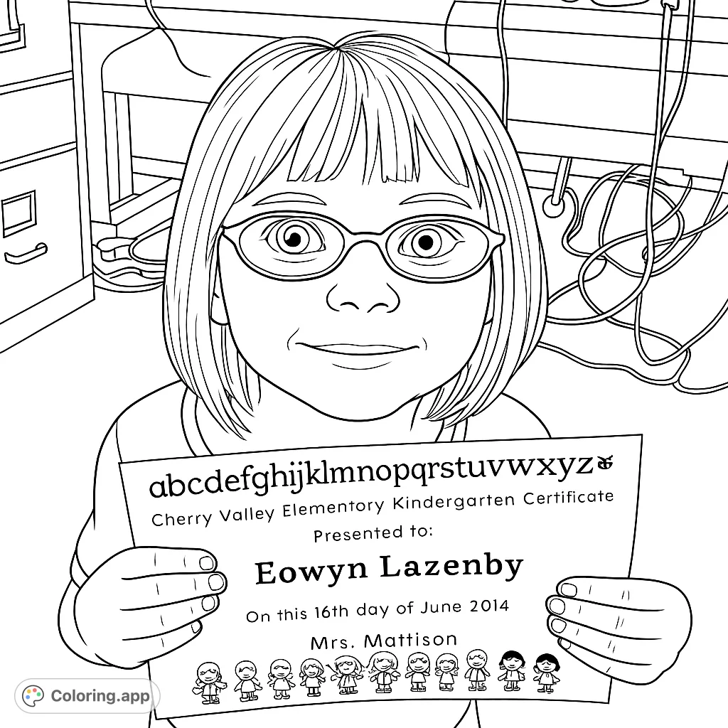 A happy girl with glasses proudly holds her achievement certificate. A free printable student success coloring page for kids, perfect for celebrating milestones.