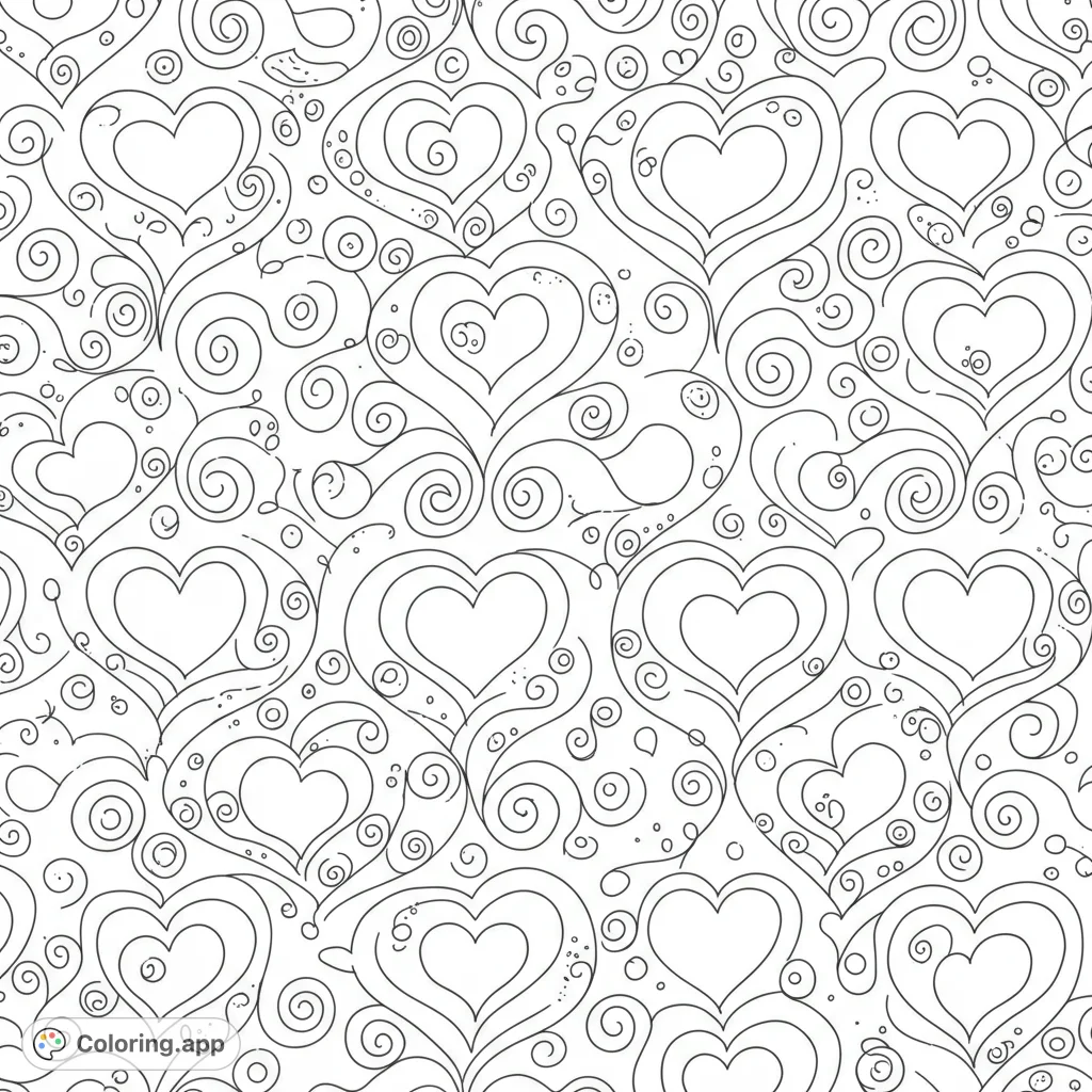 An intricate heart pattern coloring page featuring elegant swirls and dots, perfect for expressing love and creativity. A free printable coloring page for all ages.
