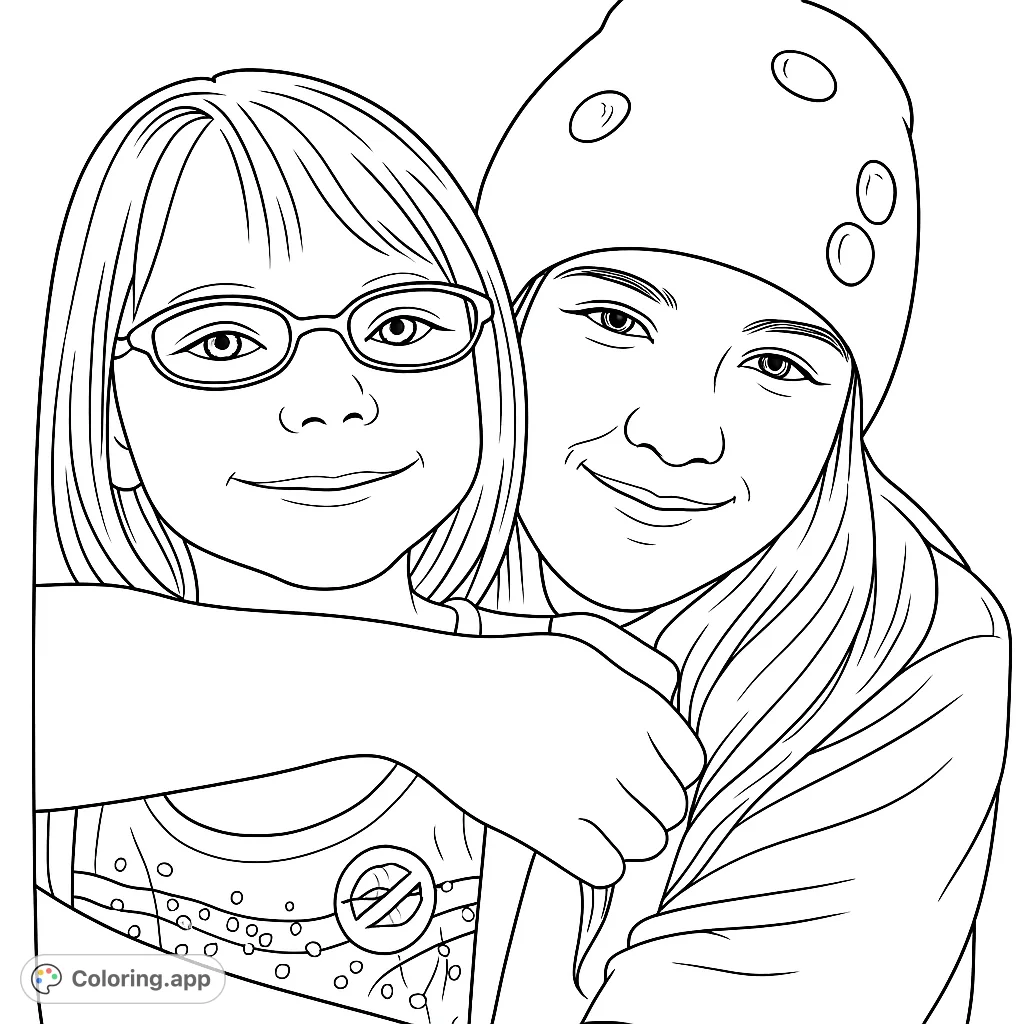 A heartwarming free printable two girls hugging coloring page, perfect for kids and adults, featuring a sweet embrace and detailed outfits.