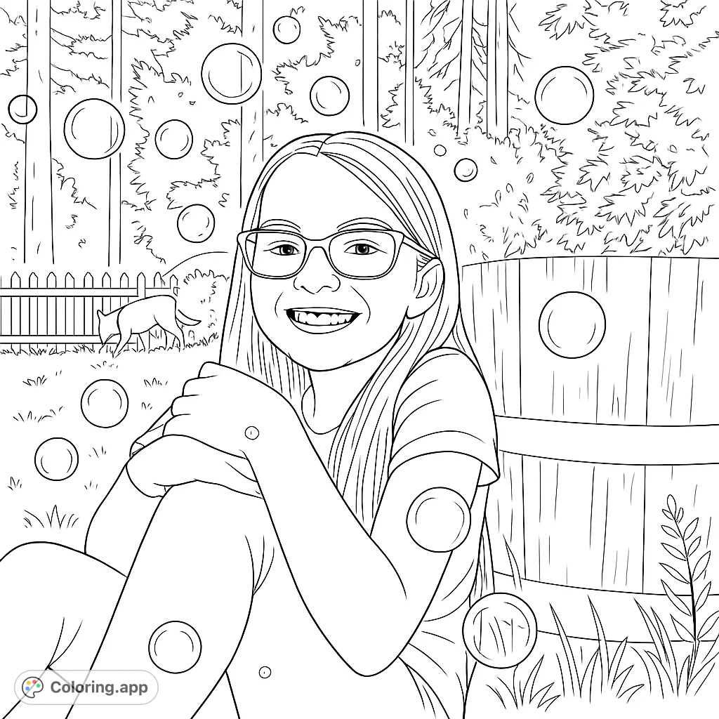 A joyful girl with glasses smiles amidst floating bubbles in a charming backyard scene, perfect for a delightful free printable coloring page experience.