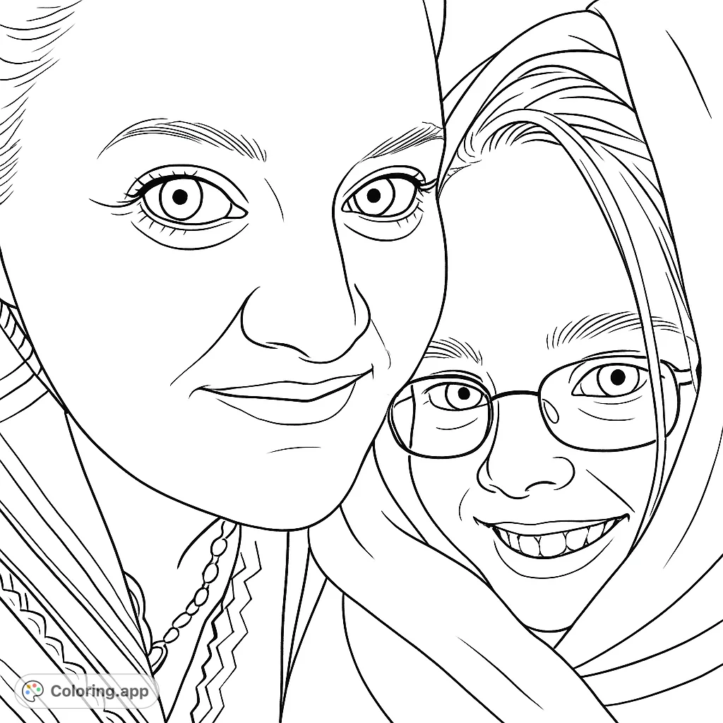 A heartwarming portrait of two smiling women, one wearing glasses and a head covering, perfect for a free printable family coloring page.