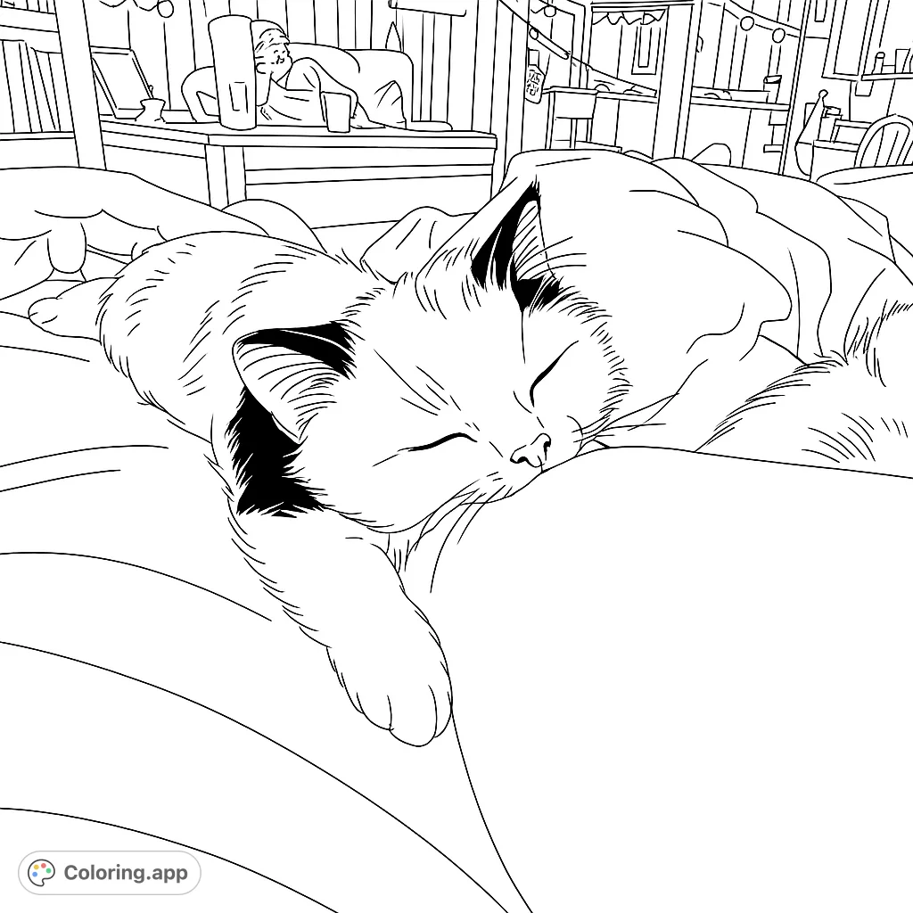 A peaceful sleeping cat coloring page, perfect for relaxation. Features a fluffy feline napping on a soft surface with a cozy room background.