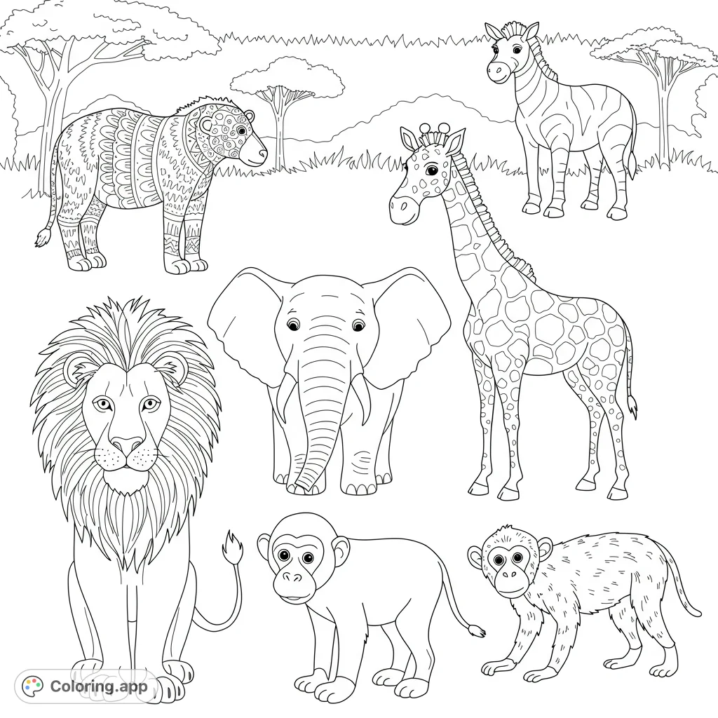 Explore the wild with this safari animal coloring page! Features a lion, elephant, giraffe, zebra, and monkeys in a vibrant African landscape.