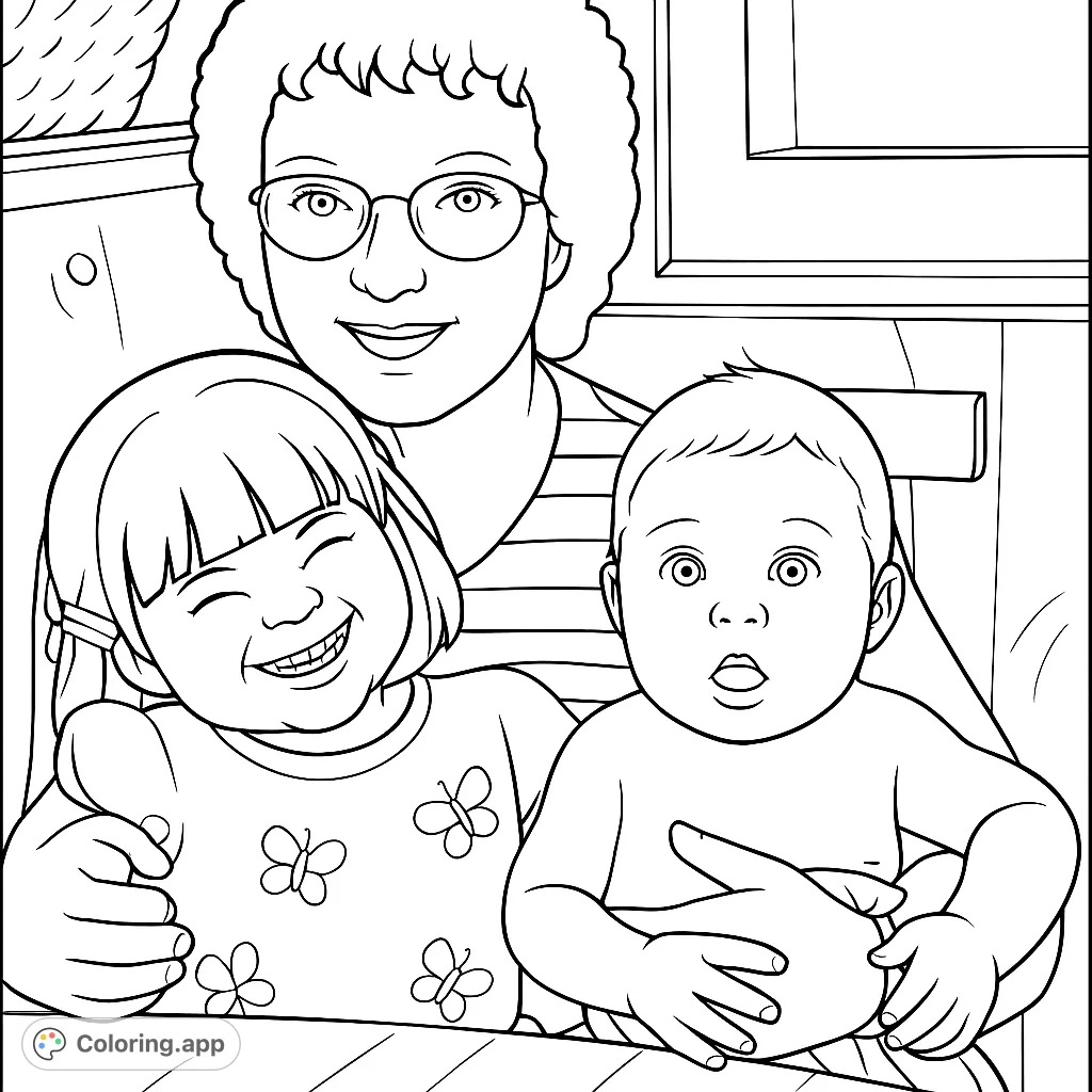 A heartwarming family coloring page featuring a smiling grandmother with her joyful toddler granddaughter and curious baby grandson. Free printable family coloring page.