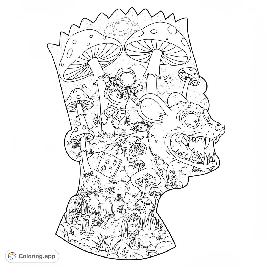 Dive into a surreal character coloring page featuring an astronaut, monstrous creature, and psychedelic mushrooms. A free printable adventure!