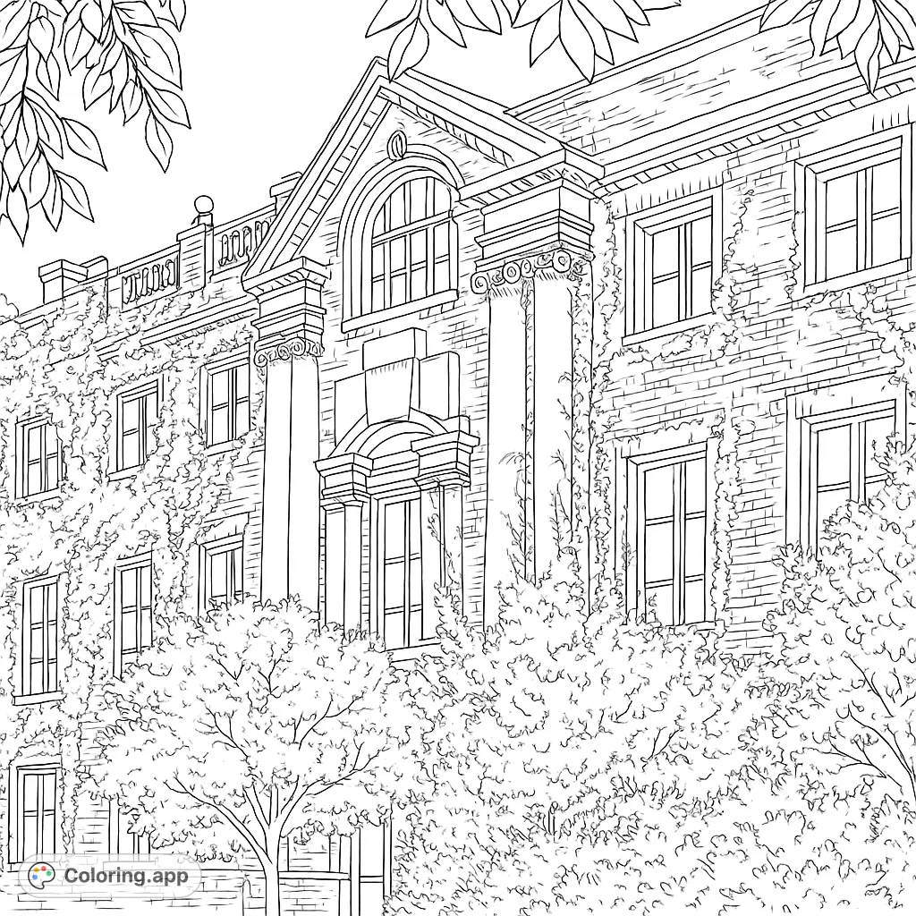 Color a majestic historic building adorned with intricate ivy, grand columns, and lush foreground foliage. A detailed architectural scene awaits your creativity.
