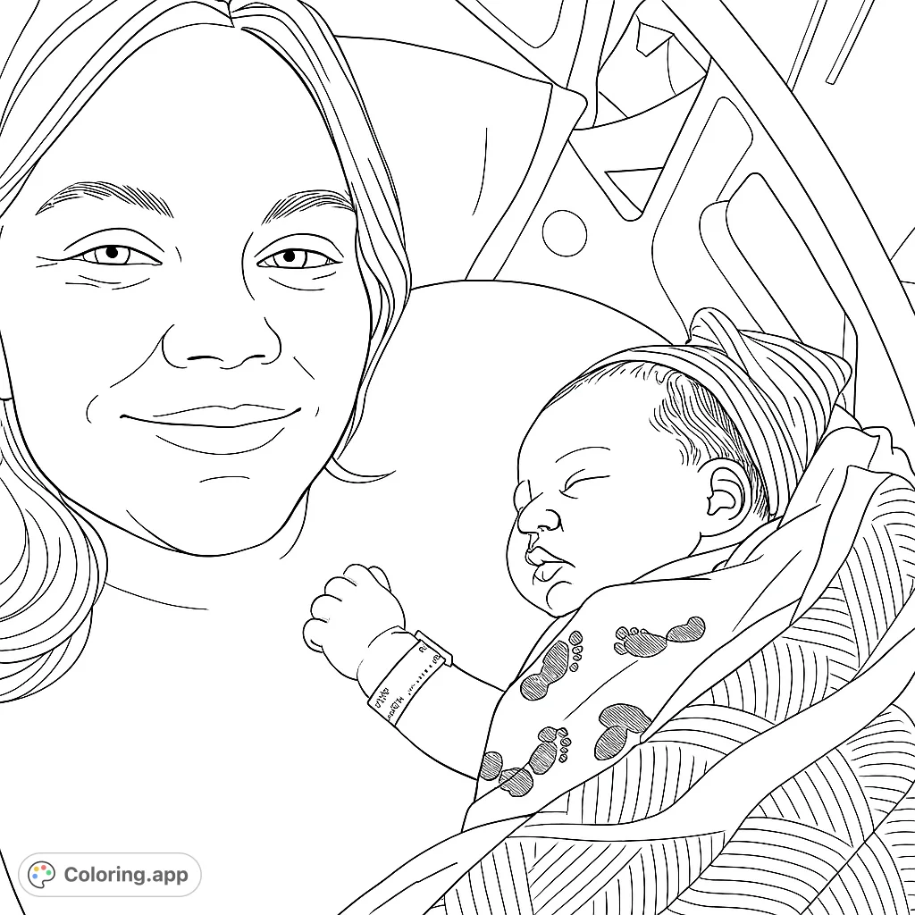 A heartwarming mother and newborn coloring page, featuring a smiling mom and her sleeping baby wrapped in a patterned blanket. Celebrate new life.