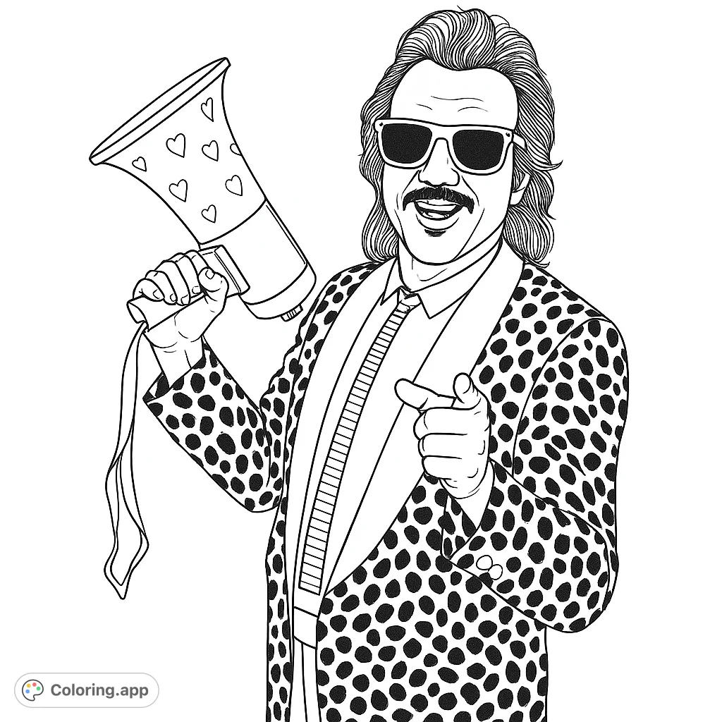 A charismatic retro showman in a polka dot suit holds a heart-decorated megaphone, pointing forward. A fun, free printable coloring page.