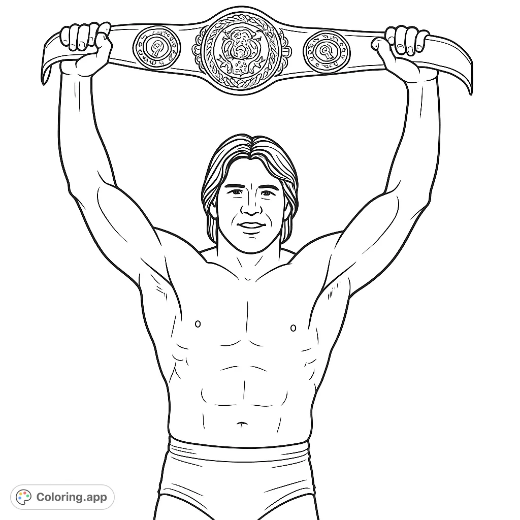 Celebrate victory with this champion wrestler coloring page, holding his ornate belt high. A free printable for all ages.