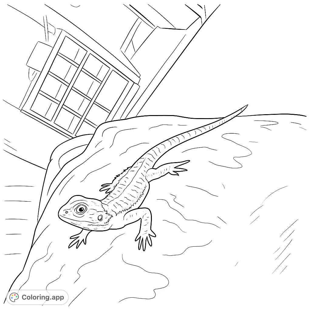 Discover a detailed bearded dragon coloring page, perfect for reptile enthusiasts. This free printable features a curious lizard on a textured surface, ready for your vibrant colors.