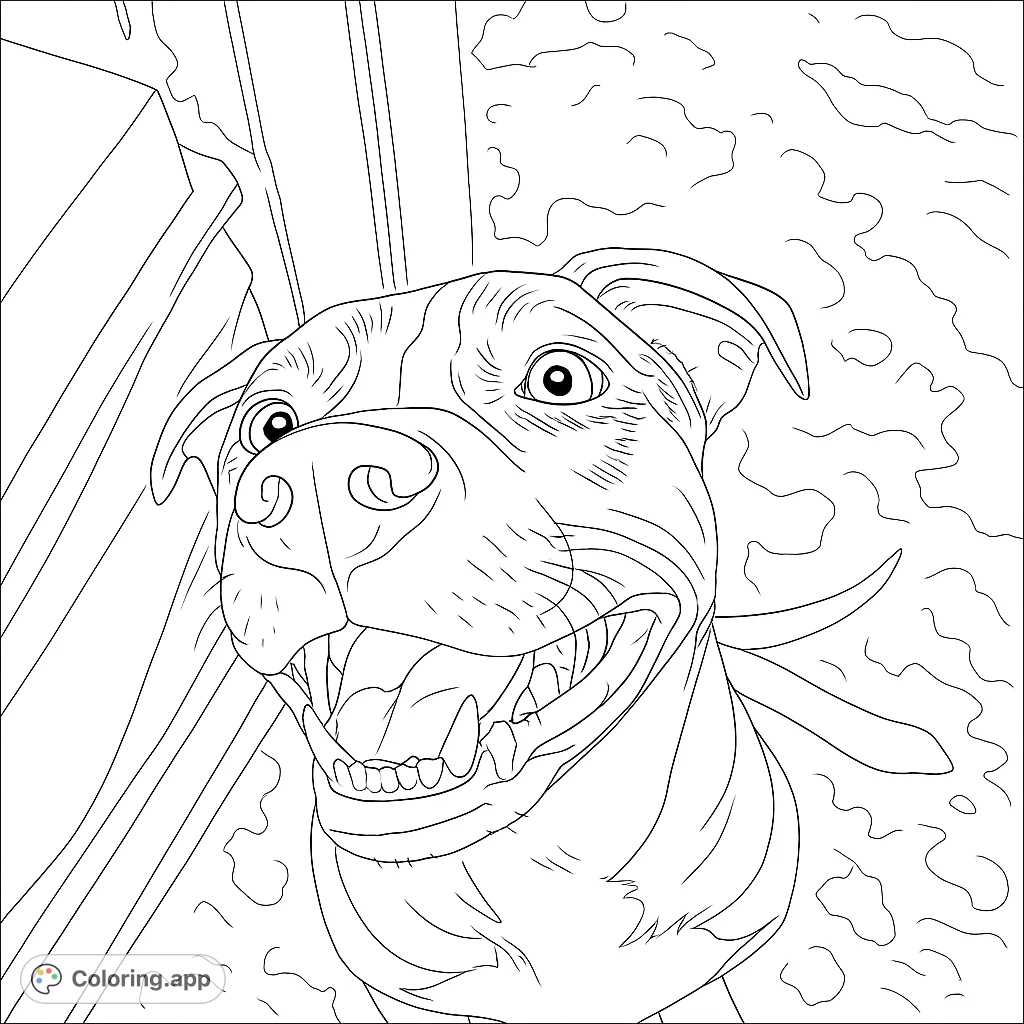 A joyful pit bull type dog with a wide, happy grin and expressive eyes, perfect for a fun dog coloring page. Free printable coloring page for all ages.