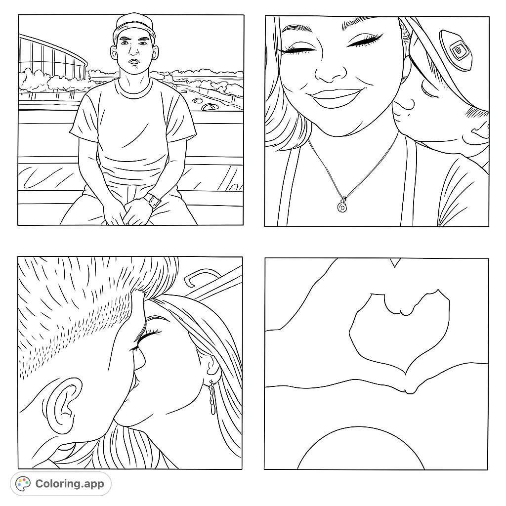 Explore four unique panels: a thoughtful portrait, a tender embrace, a passionate kiss, and hands forming a heart. A free printable coloring page for all ages.