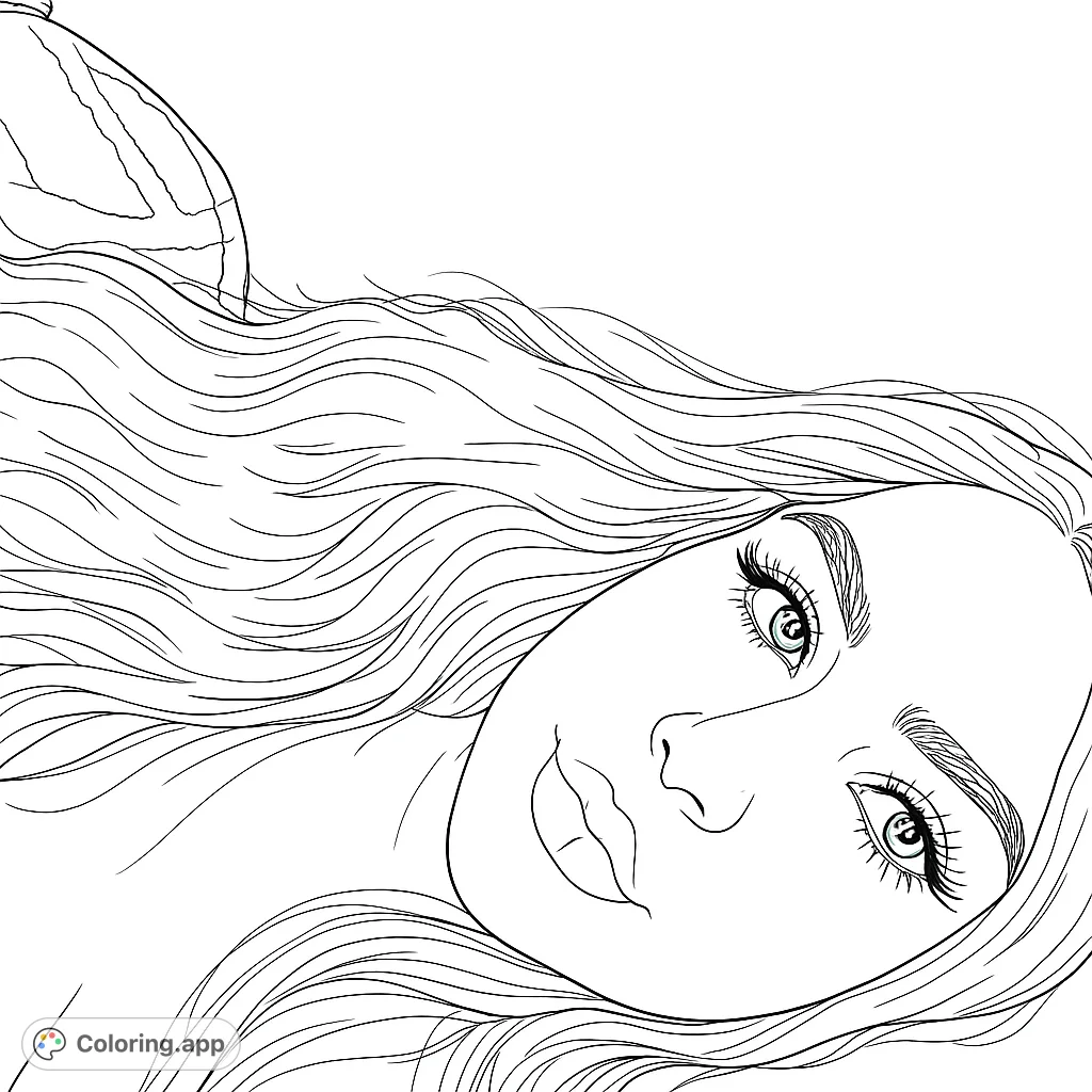 A beautiful portrait coloring page featuring a serene woman with long, flowing hair, perfect for creative expression and relaxation.