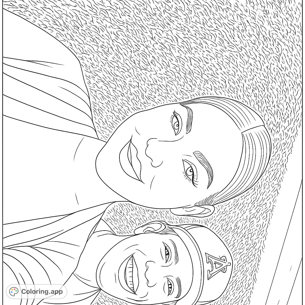 A heartwarming portrait coloring page featuring two smiling individuals, a woman and a man in a baseball cap, perfect for free printable coloring page fun.