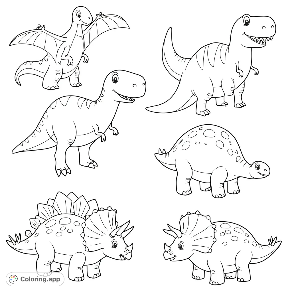 A delightful dinosaur coloring page featuring six friendly cartoon dinosaurs like T-Rex, Stegosaurus, and Triceratops, perfect for kids.