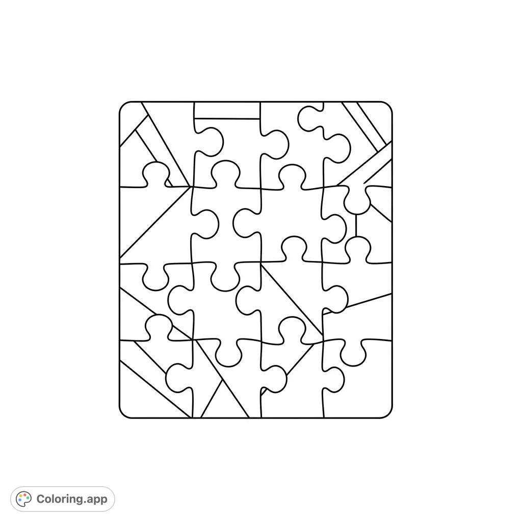 A captivating puzzle coloring page featuring interlocking pieces and geometric lines, perfect for creative expression and mindful coloring fun.
