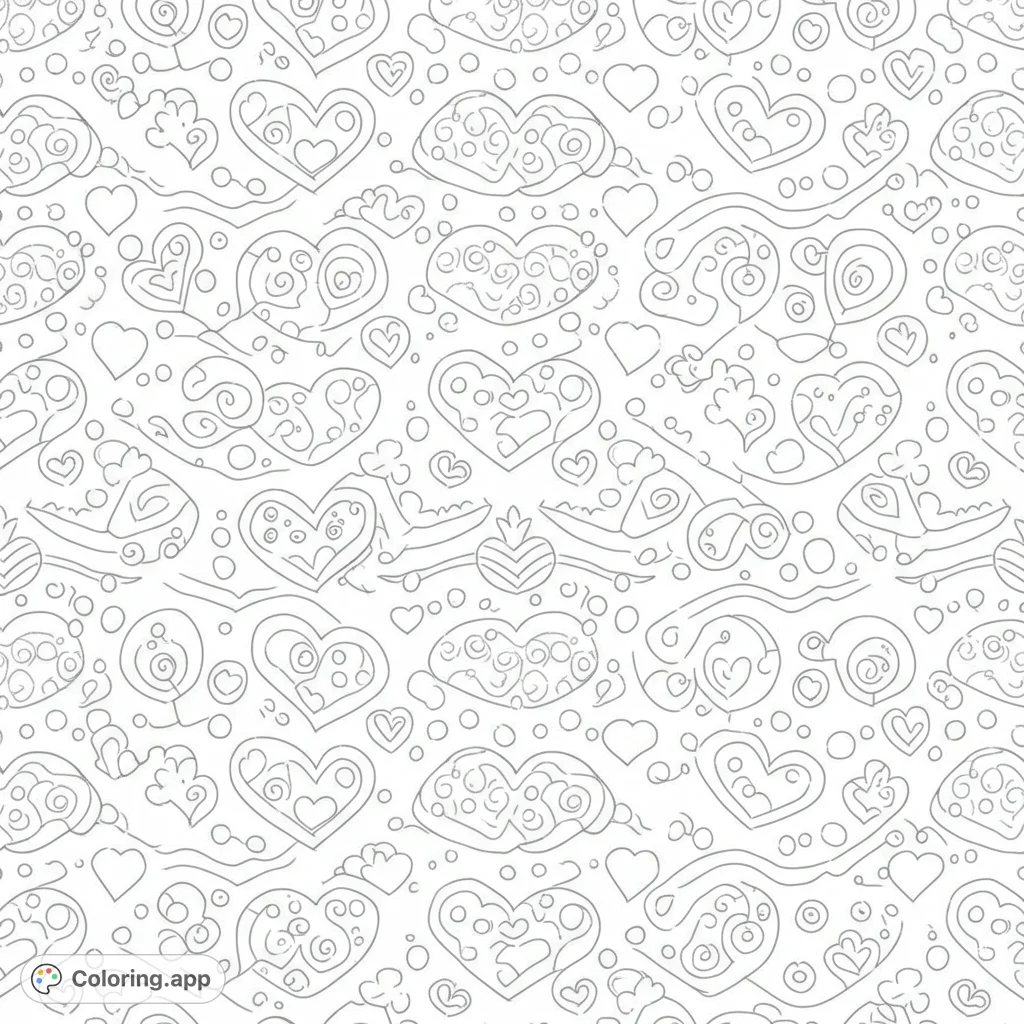 A delightful pattern of whimsical hearts and swirls, perfect for a charming coloring experience. Explore intricate designs and simple outlines.