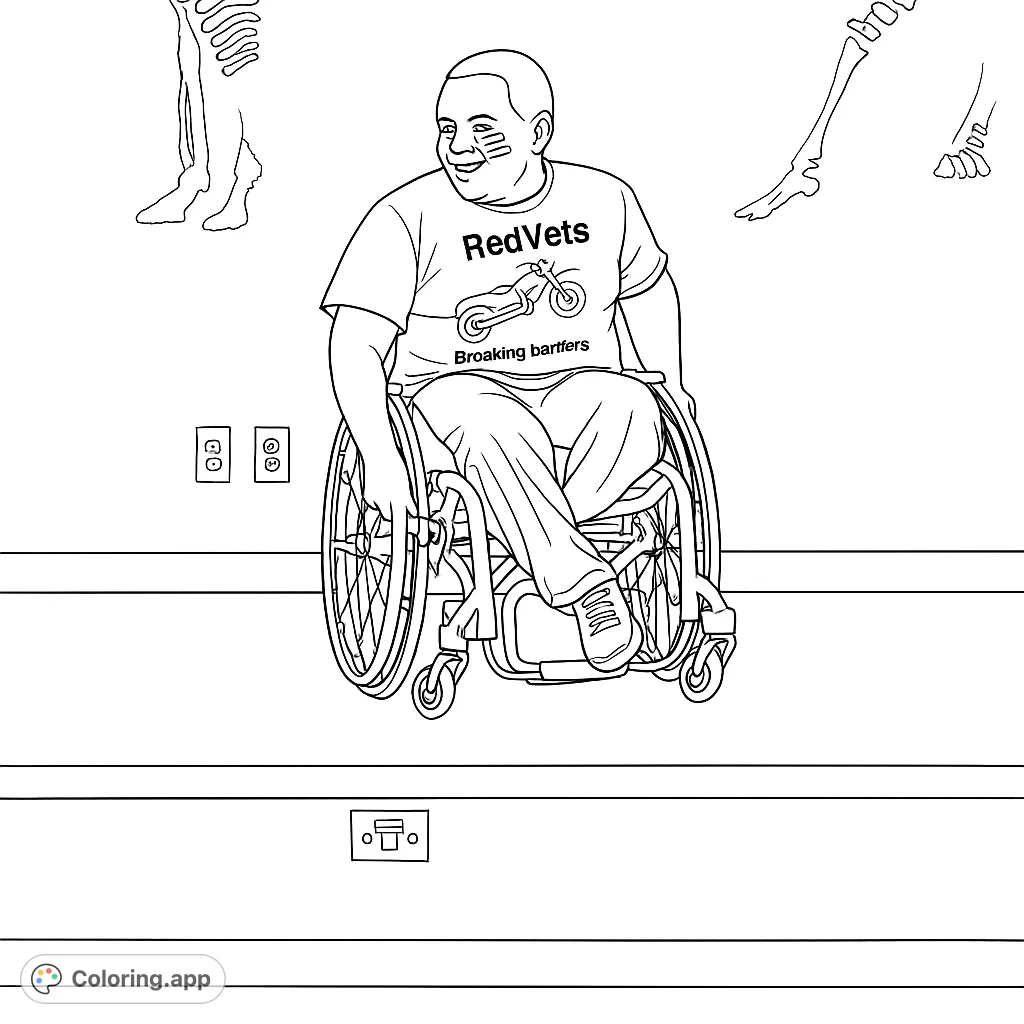 A positive disability awareness coloring page featuring a smiling man in a wheelchair, promoting inclusion and empowerment. Free printable for all ages.