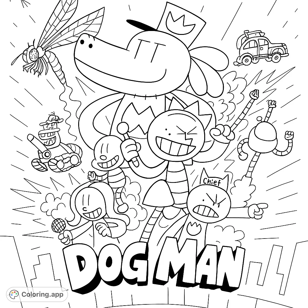 An action-packed Dog Man coloring page featuring Dog Man, Li'l Petey, Petey, and friends in a dynamic scene, ready for adventure.