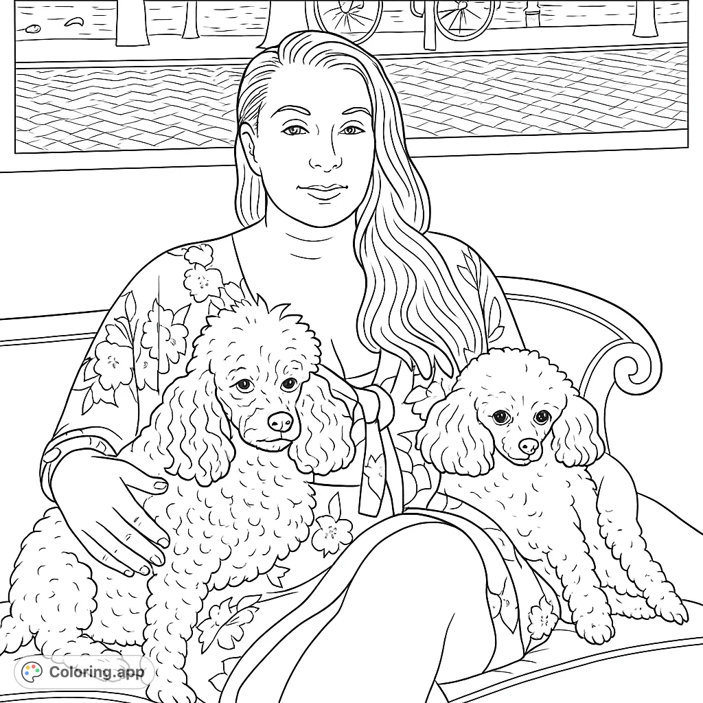 A serene woman relaxes on a couch with her two adorable poodles, featuring a detailed city background. Perfect for pet lovers and relaxation.