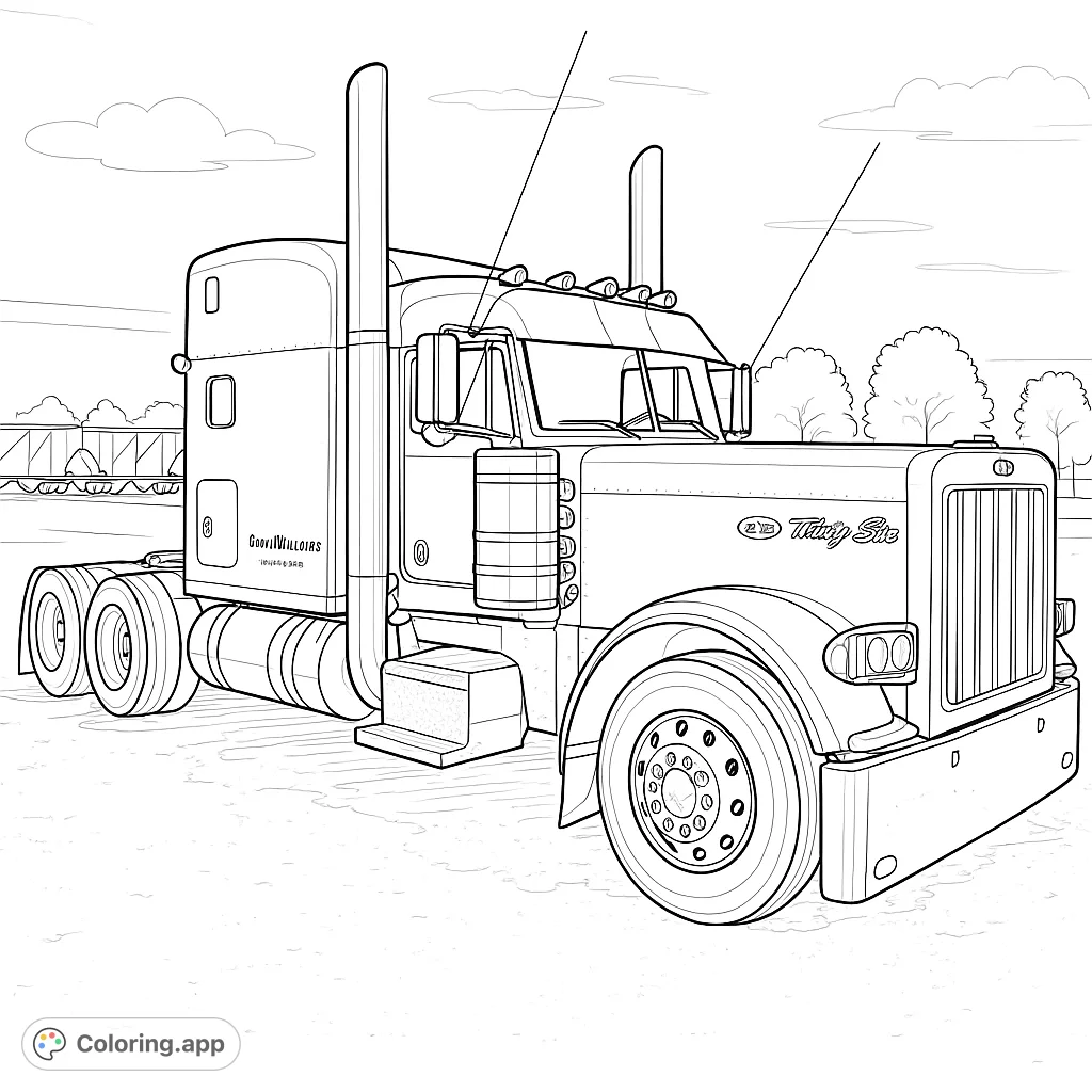 Color a powerful semi-truck with gleaming chrome details, large wheels, and a classic design, set against a backdrop of distant trailers and open sky.