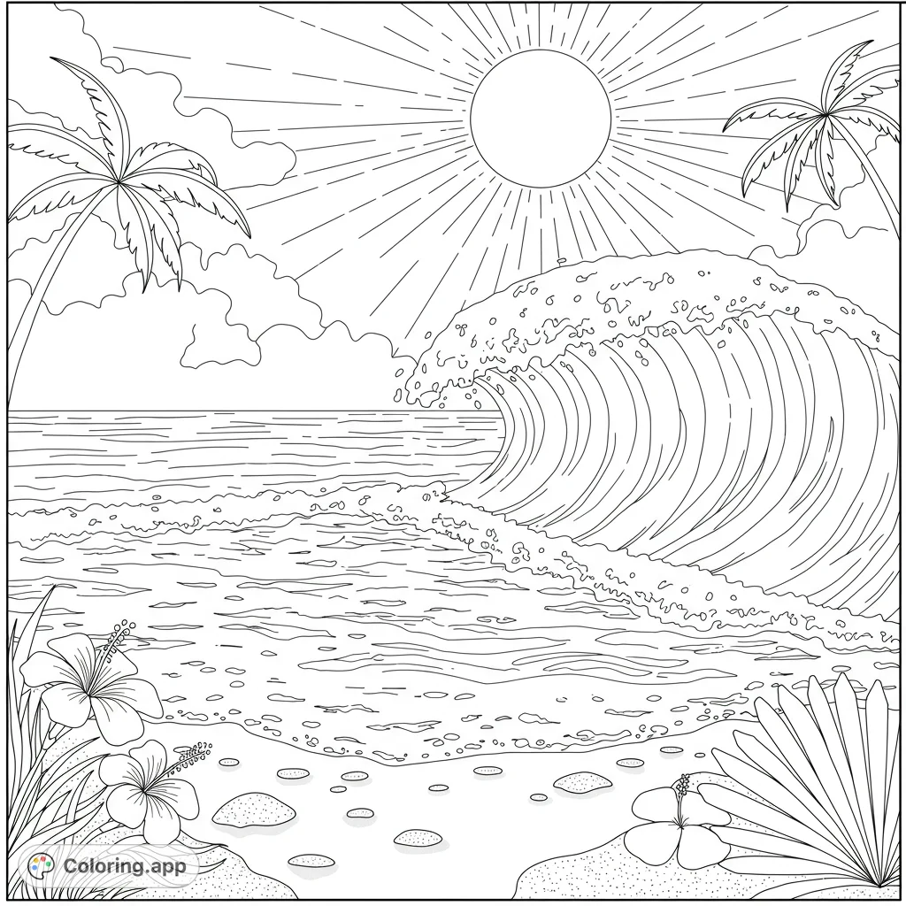 A dynamic tropical beach scene featuring a powerful ocean wave, sunny sky, swaying palm trees, and beautiful hibiscus flowers. Perfect for a relaxing escape!