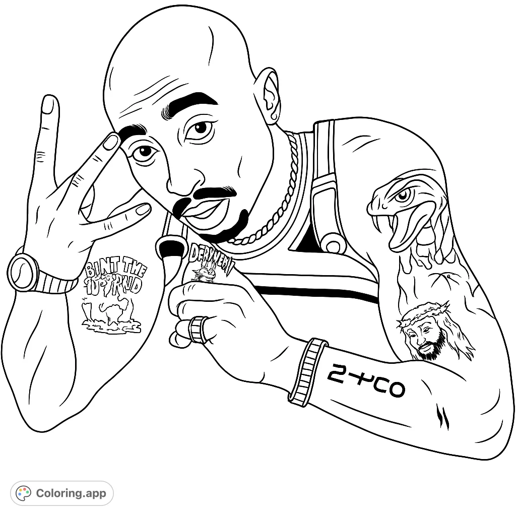 Capture the essence of a legendary hip-hop icon with this detailed portrait. Features intricate tattoos and accessories, perfect for fans.