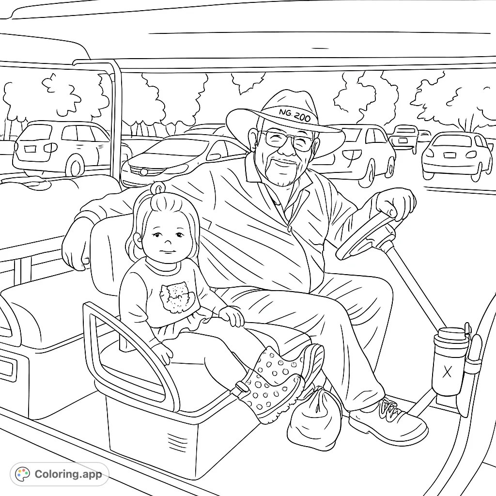A heartwarming golf cart ride featuring a smiling man and a happy child, perfect for a fun family coloring activity.