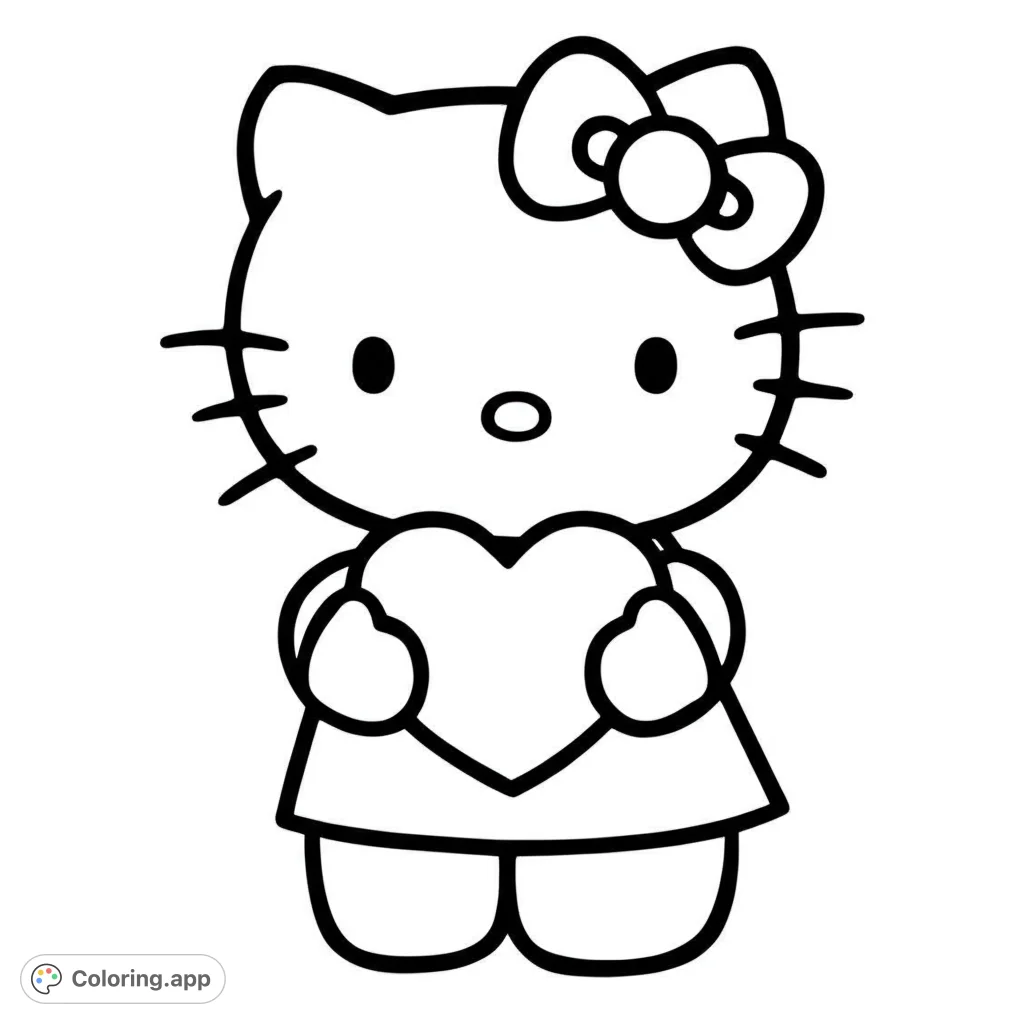 An adorable Hello Kitty coloring page featuring the beloved character holding a sweet heart. A free printable coloring page for kids and adults.