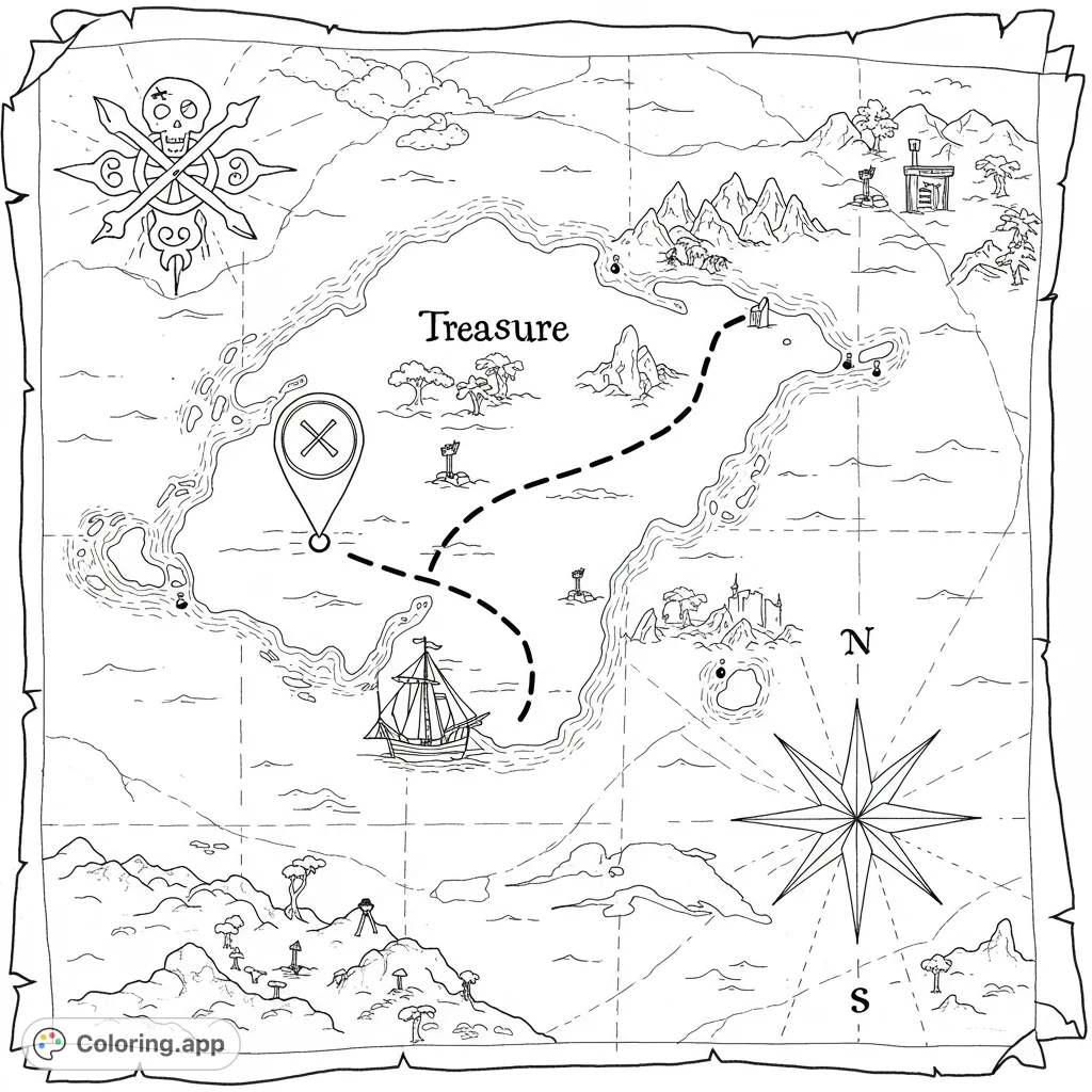 Embark on an adventure with this detailed treasure map coloring page, featuring an island, ship, and a path to the 'X' mark. A free printable coloring page for all ages.