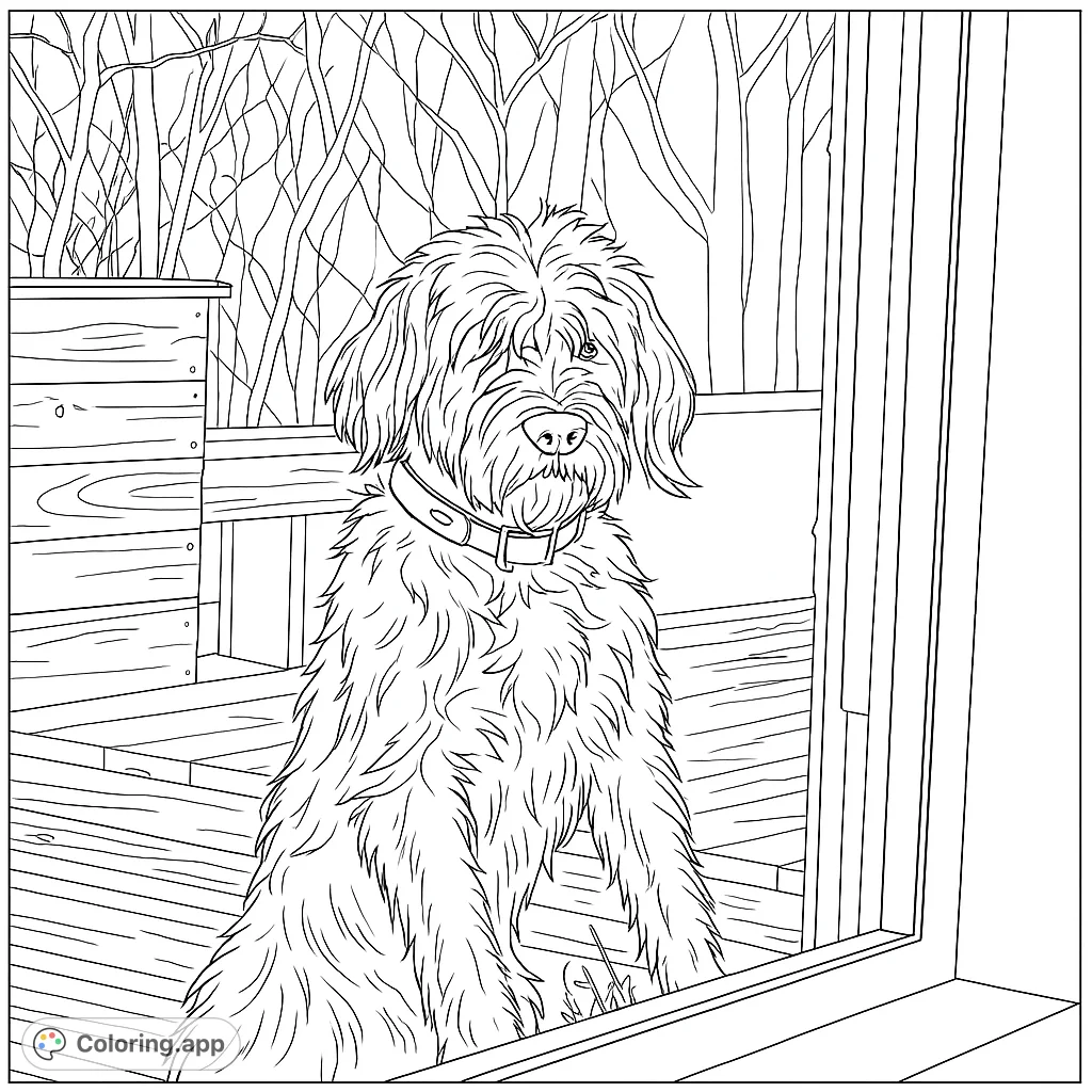 A charming shaggy dog peers out a window, inviting you to add vibrant colors to its fluffy fur and the detailed outdoor scene. Perfect for dog lovers!