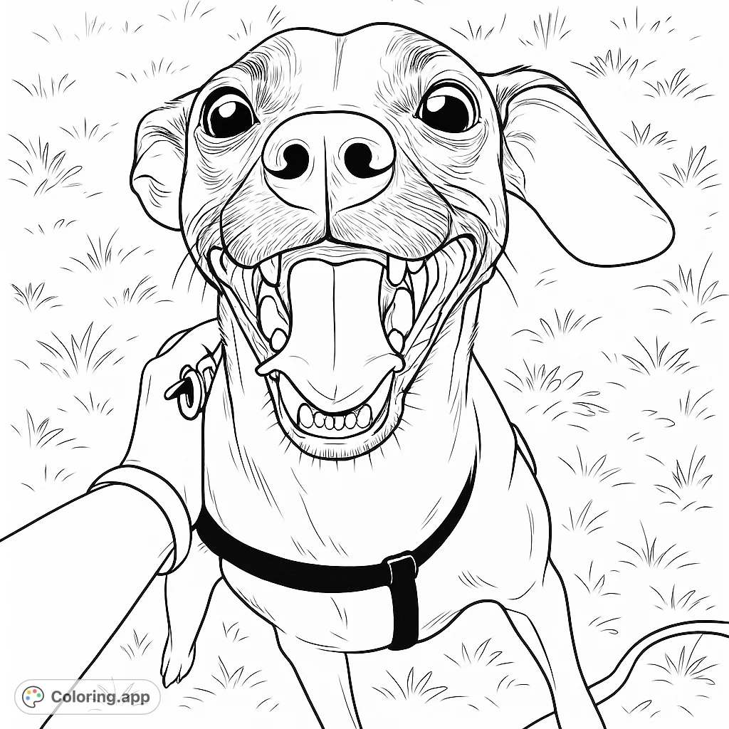 Capture the pure joy of a happy dog with its mouth wide open and tongue out, interacting with a human hand. A delightful and expressive pet coloring page.