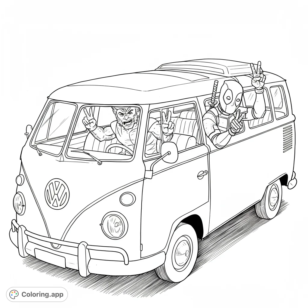Wolverine and Deadpool cruise in a classic VW van, flashing peace signs. A fun, action-packed comic book adventure for coloring fans!