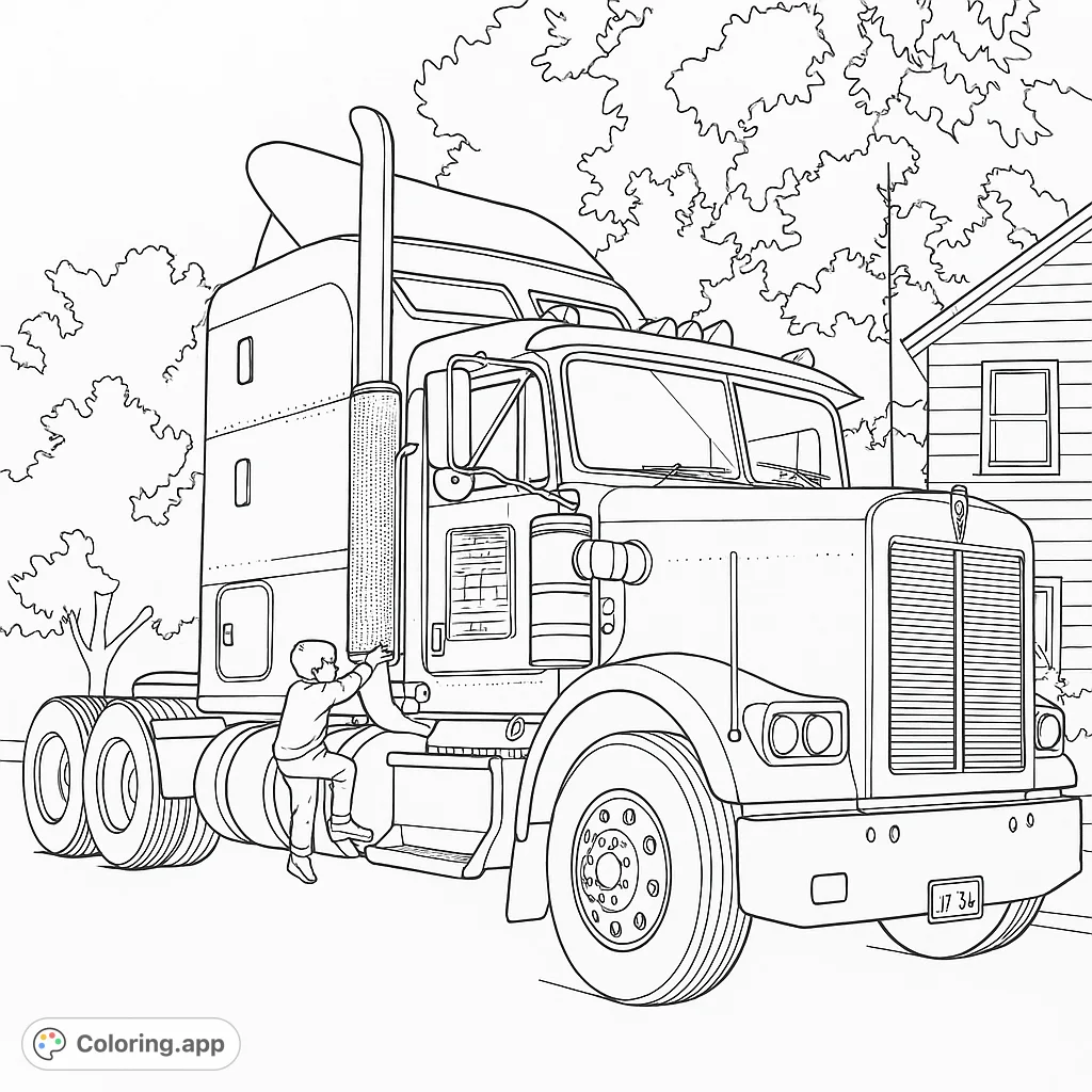 Explore a classic semi-truck coloring page featuring a child climbing aboard. A free printable vehicle coloring page for kids and adults.