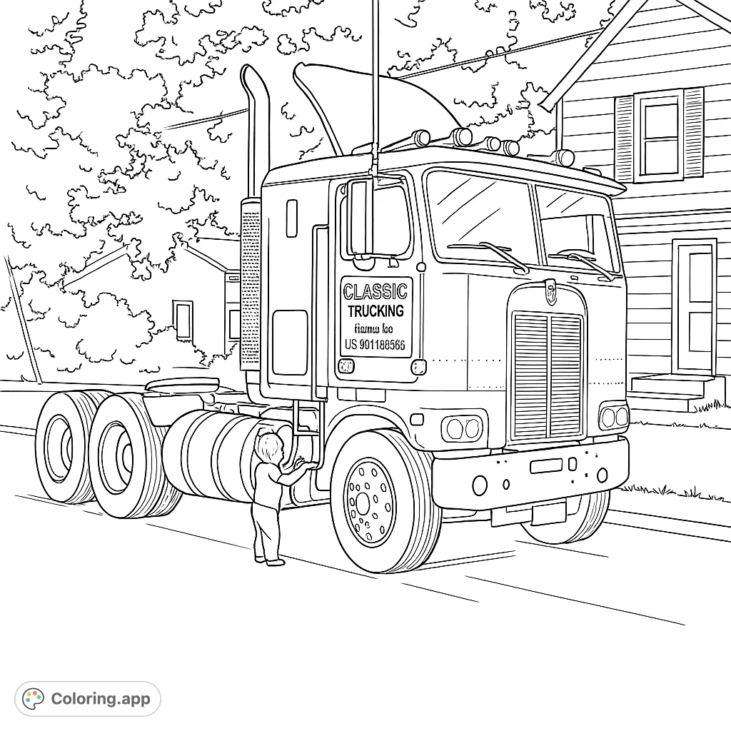 A detailed semi-truck parked on a street with a curious child looking up at it. A fun, free printable truck coloring page for kids and adults.