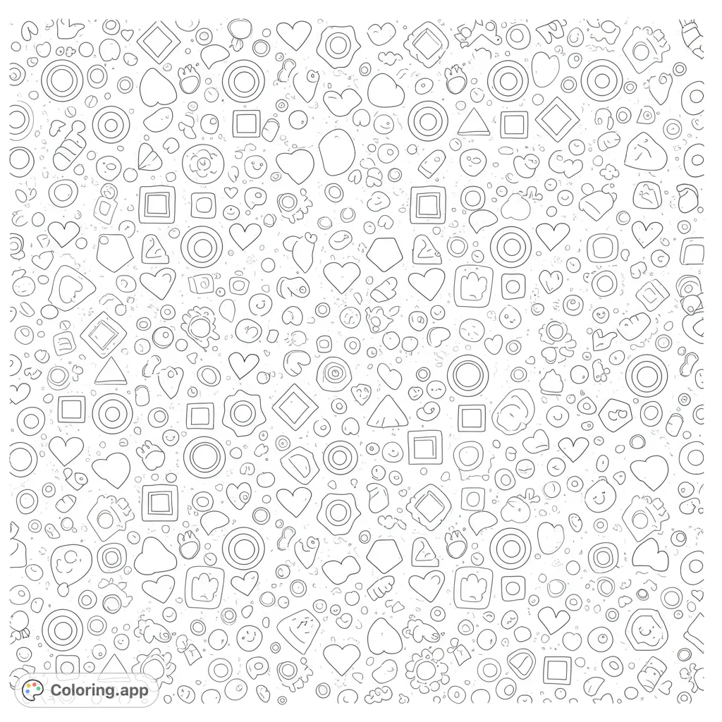 A delightful pattern of diverse shapes, including hearts, circles, squares, and whimsical blobs, perfect for a fun and engaging coloring experience.