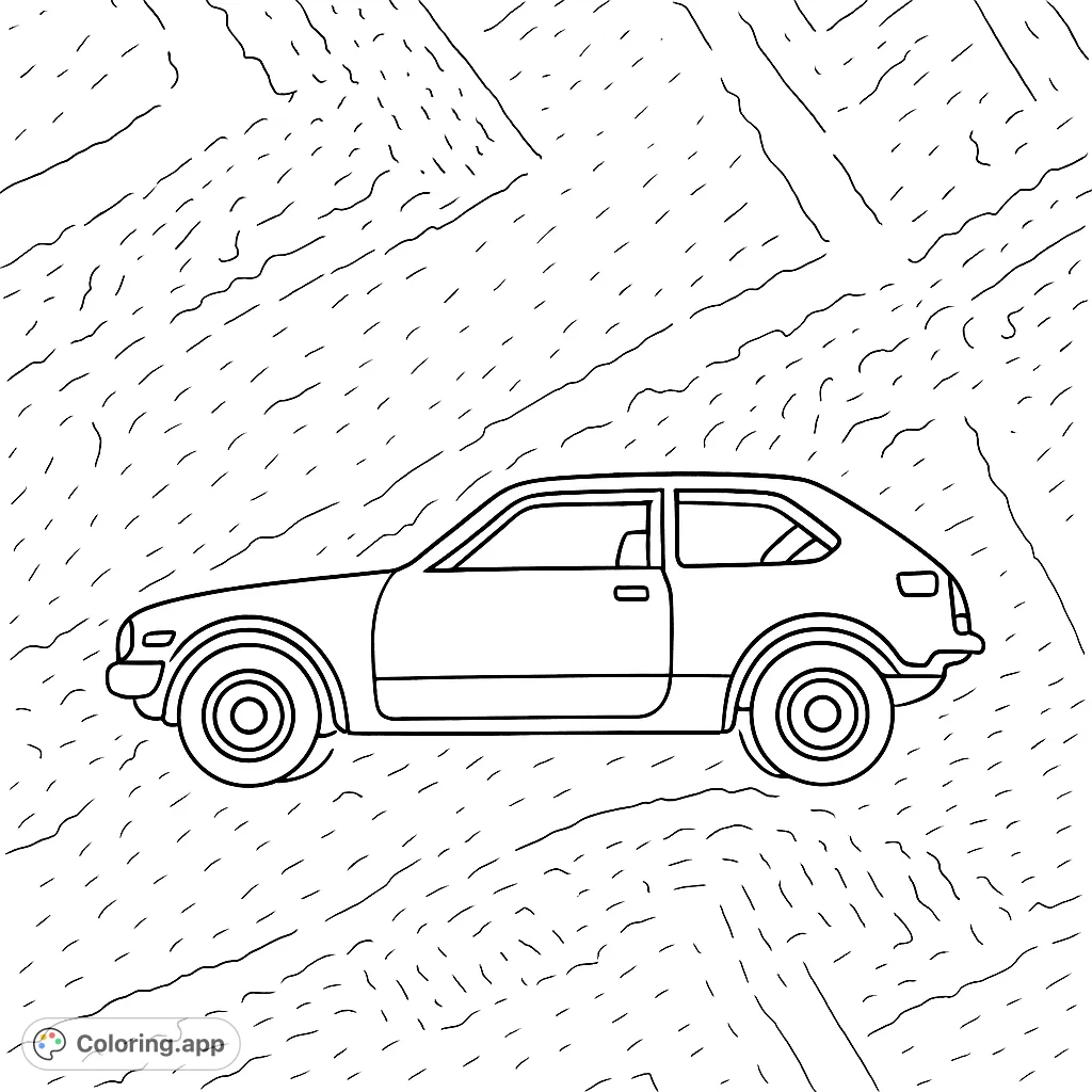 A classic two-door hatchback car coloring page with a unique textured background. Perfect for car enthusiasts and all ages to personalize.