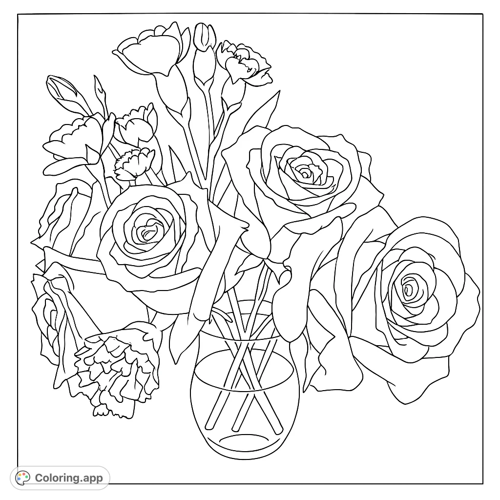 A beautiful floral bouquet coloring page featuring elegant roses, carnations, and buds in a clear vase, perfect for a relaxing and creative coloring experience.