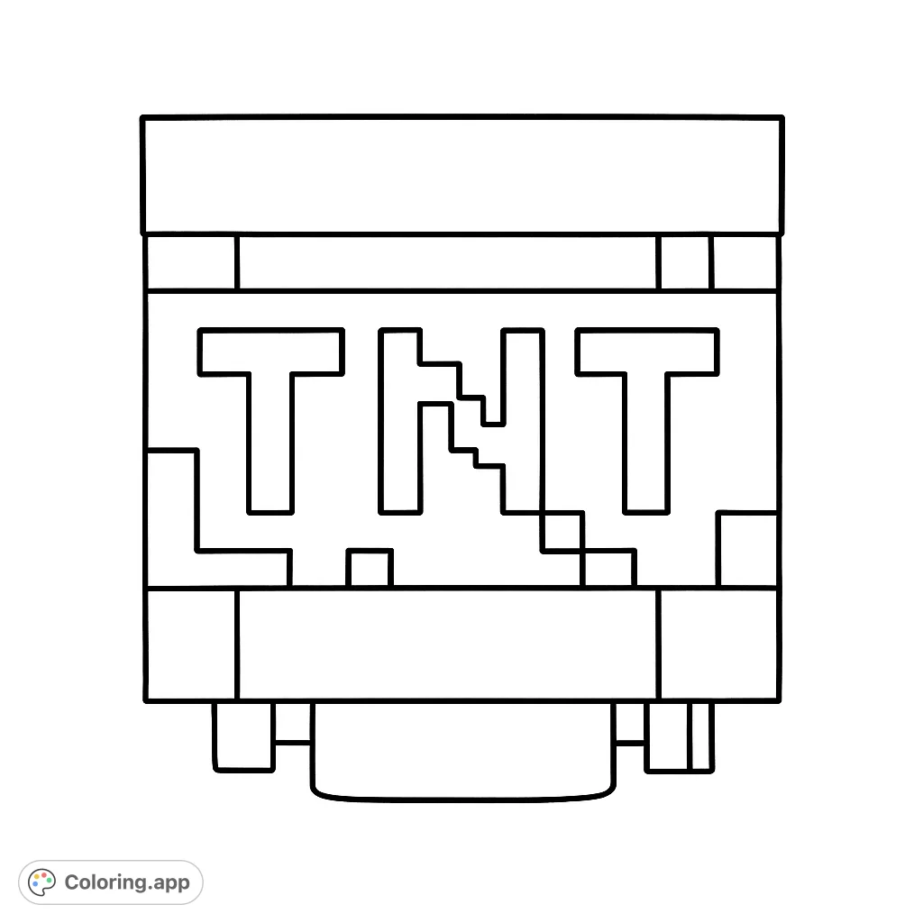 A bold pixelated TNT block coloring page, perfect for game fans. Features crisp lines and distinct areas for easy, explosive fun.