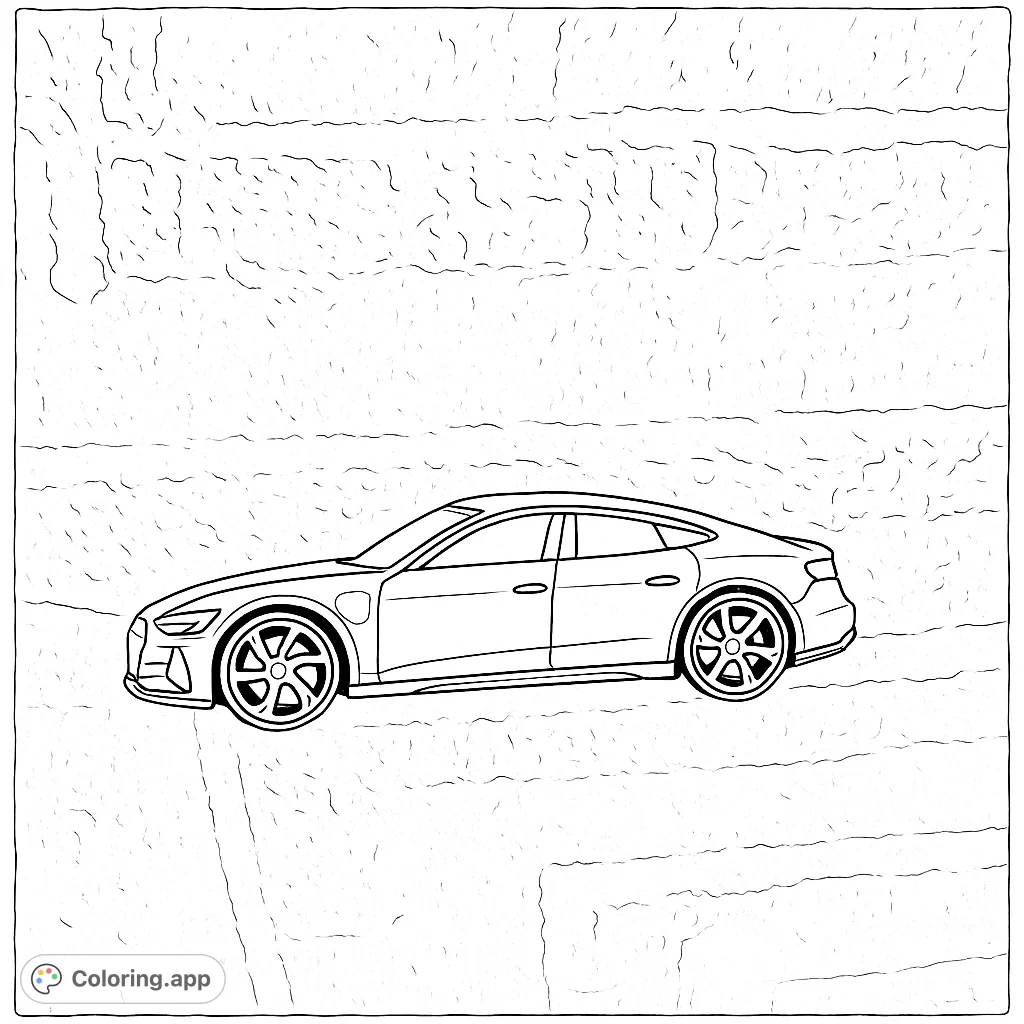 A modern electric sedan coloring page, perfect for car enthusiasts. Features a sleek design with detailed wheels and a textured background.