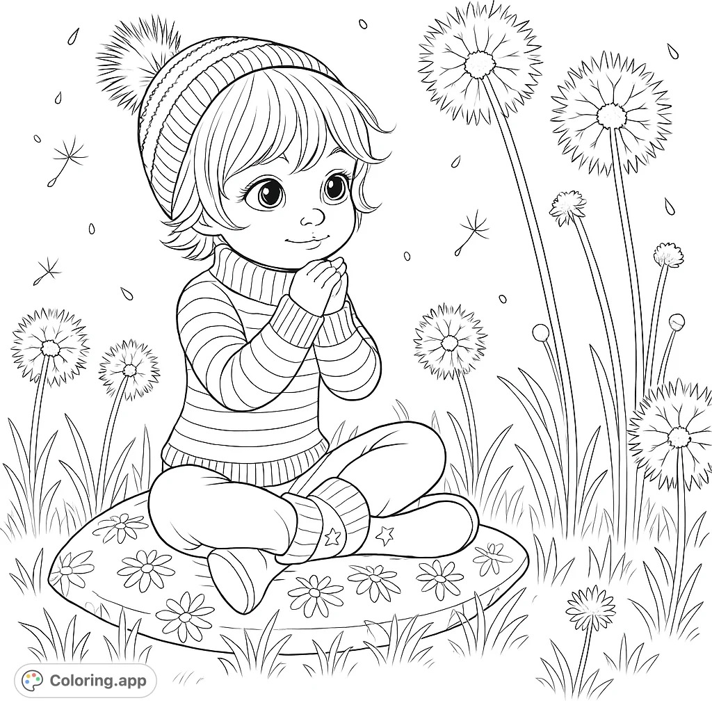 A sweet child sits among fluffy dandelions, ready for a peaceful coloring adventure. Perfect for a free printable coloring page for kids.