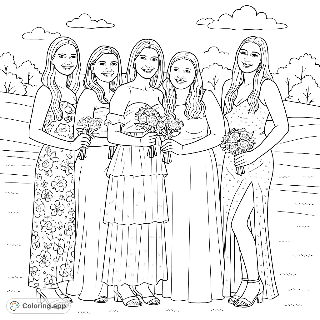 A beautiful bridal party coloring page featuring five smiling women in elegant dresses, holding bouquets, set against a scenic outdoor landscape.